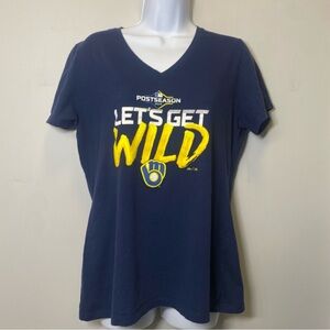 Majestic Milwaukee Brewers Womens Navy & Yellow 2019 Post Season V-Neck T-Shirt